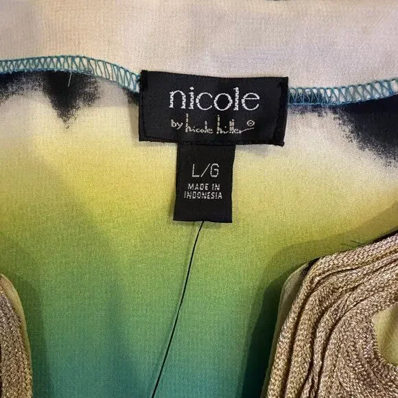 NWT Nicole Miller Large blouse cover up turqouise tie dye border sheer resort - Picture 6 of 8